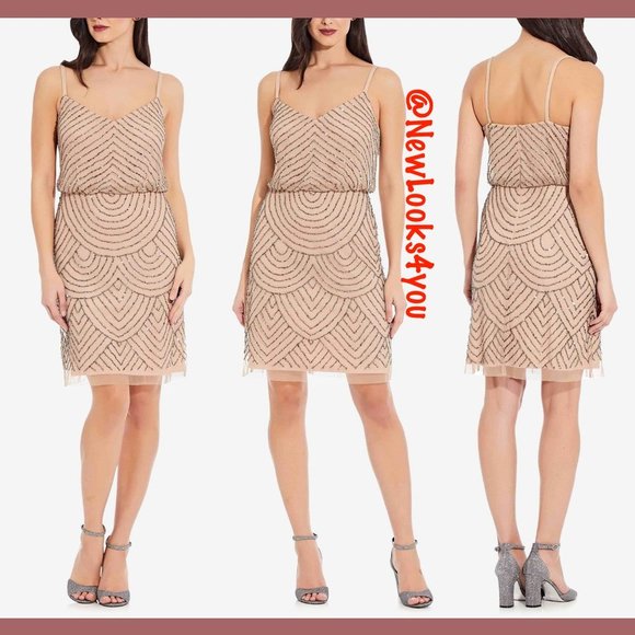 NEW Adrianna‎ Papell Beaded Mesh Blouson Dress in Taupe Pink [ 0 4 6 10 12 14 ] - Picture 2 of 16